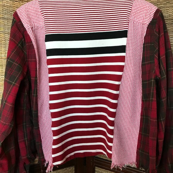 Upcycled Mixed Print Oversized Shirt, M-L: Red Gingham & Plaid Flannel Sleeves - Picture 7 of 14